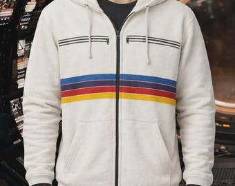 Handmade White Fleece Hoodie | Rainbow Stripe Retro Zipper Jacket | Vintage Cosplay Streetwear