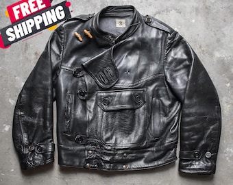 Vintage 1950s Swedish Military Motorcycle Jacket – Mens Black Leather Moto Jacket with Buckle Straps & Asymmetrical Closure