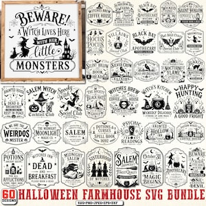 May include: A collection of 60 black and white digital graphic designs featuring Halloween themes, including witches, bats, haunted houses, potions, and spooky text. The designs are presented as a bundle of SVG, PNG, JPEG, EPS, and DXF files.