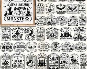 May include: A collection of 60 black and white digital graphic designs featuring Halloween themes, including witches, bats, haunted houses, potions, and spooky text. The designs are presented as a bundle of SVG, PNG, JPEG, EPS, and DXF files.