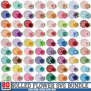 以下が含まれることがあります： 赤、ピンク、青、緑など、さまざまな色の80種類のロールフラワーデザインのコレクション。各花は、対照的な中心部を持つスパイラルデザインが特徴です。「80 ROLLED FLOWER SVG BUNDLE」というテキストが下にあります。