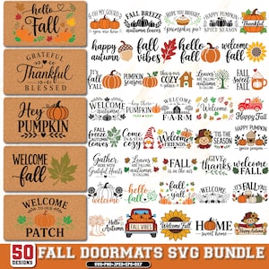 Puede incluir: Una colección digital de 50 diseños gráficos con temática otoñal que incluyen calabazas, hojas, girasoles y textos estacionales como hello Fall, Grateful Thankful Blessed y Hey Pumpkin, mostrados como felpudos e iconos individuales.
