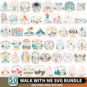 May include: A collection of 50 digital graphic designs featuring religious themes, including illustrations of Jesus, mountain landscapes, winding paths, and crosses, with text elements such as Walk With Me and various Bible verse references.