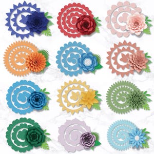 May include: A collection of colorful paper flowers in various designs. Each flower features a spiral or circular base with a layered paper flower and green leaf accents. Colors include blue, red, pink, orange, and yellow.