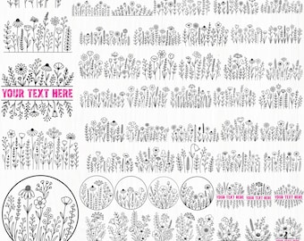 May include: A collection of 90 black and white line art wildflower designs in a digital bundle. The graphics include various floral borders, circular arrangements, and bouquets, some featuring a horizontal bar with the text YOUR TEXT HERE.
