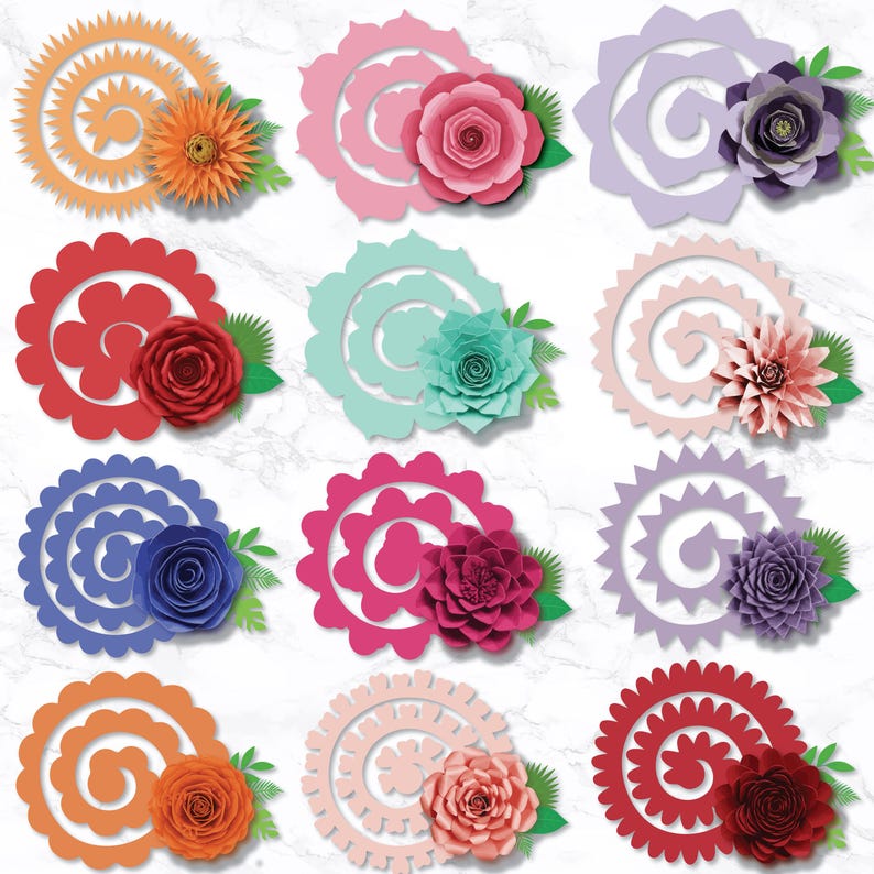 May include: A collection of colorful paper flower designs. Each design features a spiral element paired with a layered paper flower and green leaves. Colors include orange, pink, red, blue, purple, and teal. The flowers are arranged on a white marble background.