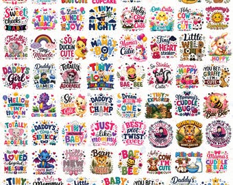 May include: A collection of sixty-four colorful graphic designs featuring cartoon animals, babies, and text phrases like You bet giraffe I'm cute, Daddy's future gamer, and Tiny miracle, arranged in a grid pattern for use as iron-on transfers.