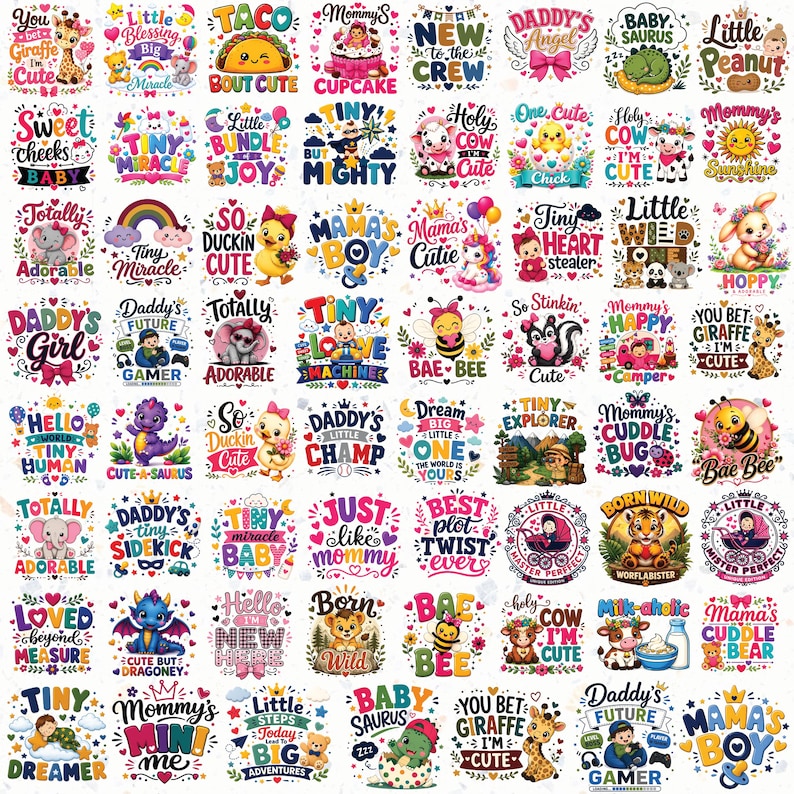 May include: A collection of sixty-four colorful graphic designs featuring cartoon animals, babies, and text phrases like You bet giraffe I'm cute, Daddy's future gamer, and Tiny miracle, arranged in a grid pattern for use as iron-on transfers.