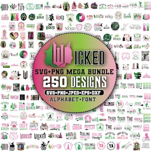 Puede incluir: Un paquete de diseño digital con 250 diseños con la palabra "Wicked". Los diseños incluyen imágenes de brujas, coronas y otros gráficos relacionados en tonos verdes, rosas y negros. El paquete incluye archivos SVG, PNG, JPEG, EPS y DXF.