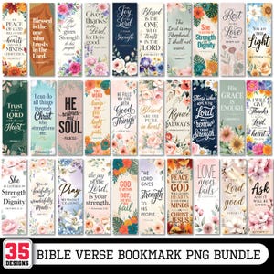 Puede incluir: Una colección de 35 marcadores de versículos bíblicos con diseños florales. Cada marcador presenta un versículo diferente en una escritura elegante, con flores y follaje coloridos. El texto "BIBLE VERSE BOOKMARK PNG BUNDLE" está en la parte inferior.
