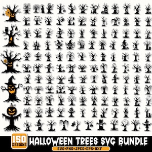 Op de afbeelding: Een verzameling van 150 zwarte silhouetontwerpen met griezelige Halloween-bomen, pompoenen, geesten en vleermuizen. De set bevat diverse knoestige boomvormen met uitgesneden pompoengezichten, heksenhoeden en spinnenwebben. Tekst: 150 HALLOWEEN TREES SVG BUNDLE.