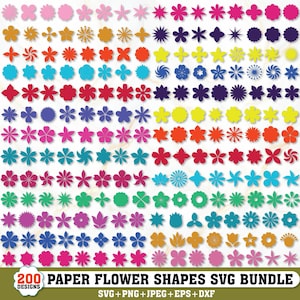 Puede incluir: Una colección de 200 formas de flores de papel coloridas con varios diseños florales, incluyendo estrellas, pétalos y patrones geométricos. La pancarta inferior presenta el texto 200 DESIGNS PAPER FLOWER SHAPES SVG BUNDLE SVG+PNG+JPEG+EPS+DXF.
