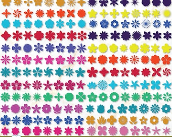 May include: A collection of 200 colorful paper flower shapes in various floral designs, including stars, petals, and geometric patterns. The bottom banner features the text 200 DESIGNS PAPER FLOWER SHAPES SVG BUNDLE SVG+PNG+JPEG+EPS+DXF.