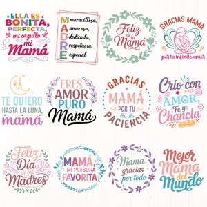 Op de afbeelding: Een verzameling kleurrijke Moederdagontwerpen met zinnen als "Fijne Moederdag" en "Bedankt Mama". De ontwerpen bevatten bloemenkransen en decoratieve lettertypen in roze, paars en groen. De afbeelding is een viering van het moederschap.