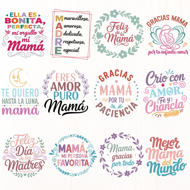 Op de afbeelding: Een verzameling kleurrijke Moederdagontwerpen met zinnen als "Fijne Moederdag" en "Bedankt Mama". De ontwerpen bevatten bloemenkransen en decoratieve lettertypen in roze, paars en groen. De afbeelding is een viering van het moederschap.