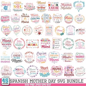 Può includere: Una collezione di 45 design SVG spagnoli per la festa della mamma. I design presentano frasi come "Mama", "Amor" e "Feliz Día", in vari stili decorativi, tra cui ghirlande floreali e forme di cuore. La tavolozza dei colori include rosa, oro e verde acqua.