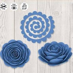 May include: Three blue paper flower designs. Two are fully formed roses, and one is a spiral design. The flowers are on a light wood grain background. Icons for cut file, high resolution, and 3D are in the upper left.