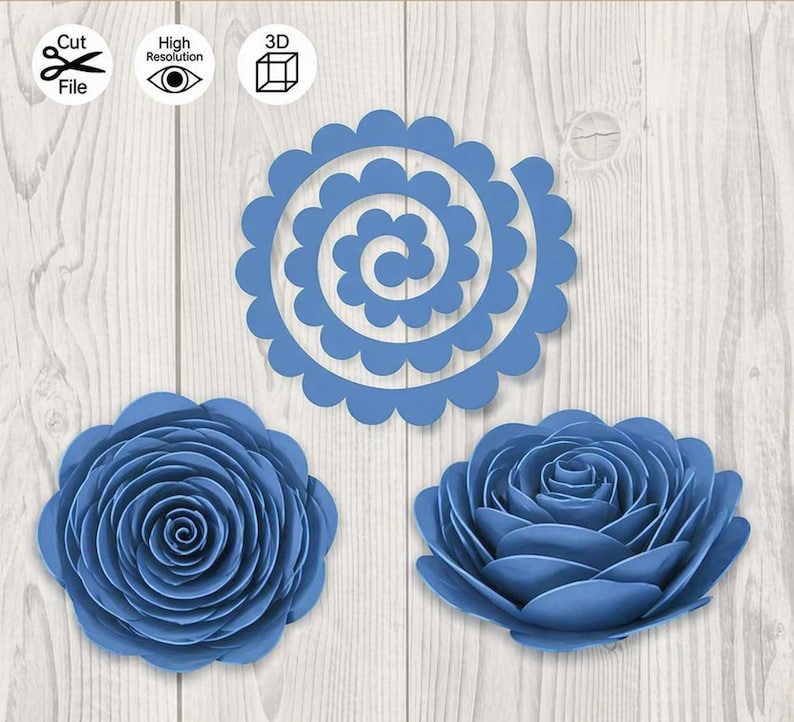 May include: Three blue paper flower designs. Two are fully formed roses, and one is a spiral design. The flowers are on a light wood grain background. Icons for cut file, high resolution, and 3D are in the upper left.