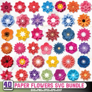 May include: A collection of 40 colorful paper flower designs in various shapes and sizes. The flowers are in shades of red, pink, blue, orange, yellow, and purple. Text at the bottom reads "40 DESIGNS PAPER FLOWERS SVG BUNDLE".