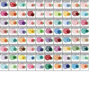 May include: A grid of 80 digital art designs, each on a white background. The designs feature colorful, layered paper flowers and spiral elements. Each design is labeled with "Artboard" and a number.