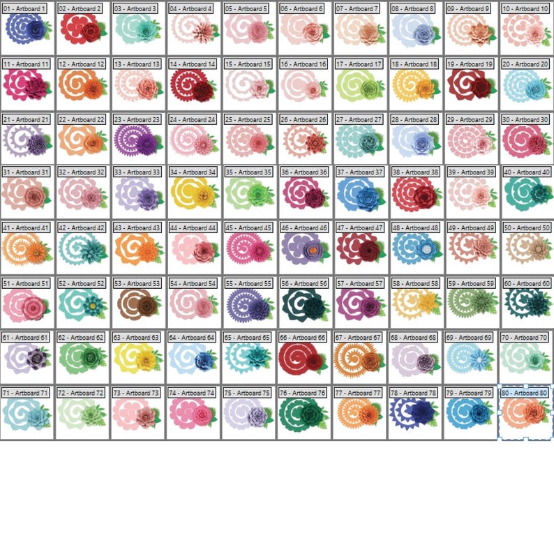 May include: A grid of 80 digital art designs, each on a white background. The designs feature colorful, layered paper flowers and spiral elements. Each design is labeled with "Artboard" and a number.