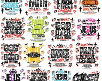 Könnte beinhalten: Eine Sammlung von sechzehn Grafikdesigns mit christlich geprägter Typografie und Illustrationen. Jedes quadratische Design enthält fetten Text, Kronen, Kreuze und inspirierende Sätze wie Jesus Saves, Walk by Faith und God is Good.