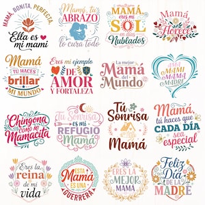 Op de afbeelding: Een verzameling kleurrijke Moederdagontwerpen met bloemen- en hartaccenten. Elk ontwerp bevat Spaanse tekst, waaronder zinnen als "Eres mi mami" en "Feliz D&iacute;a de la Madre."