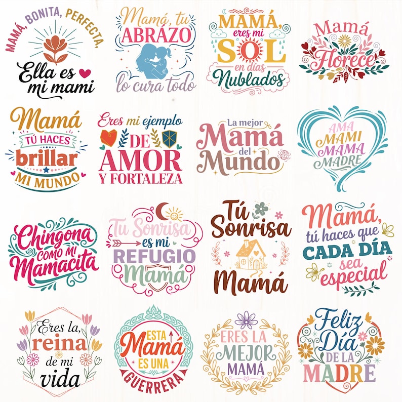 Op de afbeelding: Een verzameling kleurrijke Moederdagontwerpen met bloemen- en hartaccenten. Elk ontwerp bevat Spaanse tekst, waaronder zinnen als "Eres mi mami" en "Feliz D&iacute;a de la Madre."