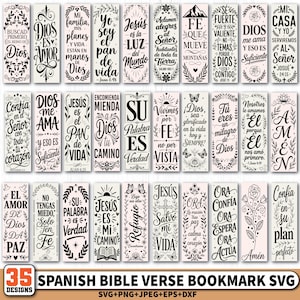May include: A collection of 35 Spanish Bible verse bookmark designs in black and white. Each bookmark features inspirational quotes and religious themes. The bookmarks are rectangular with floral and decorative elements.