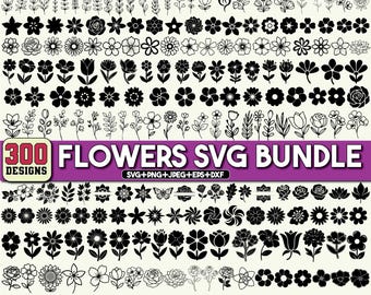 May include: A collection of 300 flower designs in black and white, including various floral shapes and styles. The image includes the text "FLOWERS SVG BUNDLE" and "300 DESIGNS". The designs are suitable for digital crafting projects.