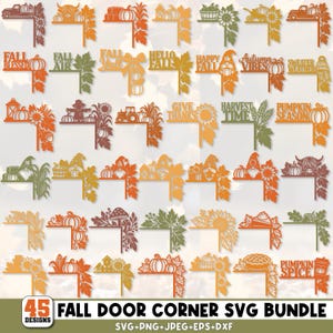 Könnte beinhalten: Eine Sammlung von 45 dekorativen Eckdesigns mit herbstlichen Motiven wie Kürbissen, Sonnenblumen, Blättern, Gnomen, Lastwagen und saisonalen Texten wie Fall Blessed, Hello Fall und Pumpkin Spice, präsentiert als digitales Grafikpaket.