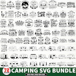 Pode incluir: Uma coleção de 72 designs SVG com tema de camping em preto e branco. Os designs incluem várias frases relacionadas a camping, ilustrações de montanhas e árvores e imagens de campistas e tendas. O texto "72 CAMPING SVG BUNDLE" está na parte inferior.