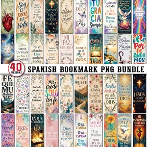 May include: A collection of forty rectangular bookmarks featuring diverse religious and inspirational themes in Spanish. Each bookmark displays unique graphic designs, including floral patterns, landscapes, crosses, hearts, and text-based messages.
