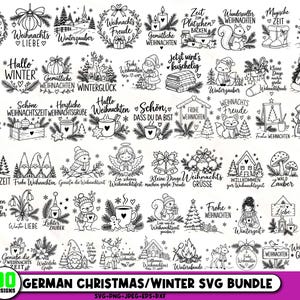 May include: A collection of 90 black and white digital graphic designs featuring Christmas and winter themes, including illustrations of reindeer, snowmen, pine trees, mugs, and German text phrases like Schöne Weihnachten and Winterzauber.