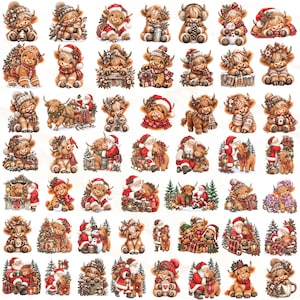 May include: A collection of digital illustrations featuring fluffy Highland cows in various Christmas-themed scenes, including Santa Claus, snowmen, presents, pine trees, and winter accessories like scarves, hats, and mittens in red and green.