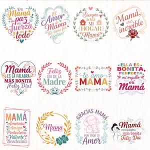 Op de afbeelding: Een verzameling van twaalf kleurrijke ontwerpen met het thema Moederdag. Elk ontwerp bevat tekst in verschillende lettertypen en stijlen, met bloemen- en hartaccenten. De zinnen omvatten "Mama", "Liefde" en "Fijne Moederdag".