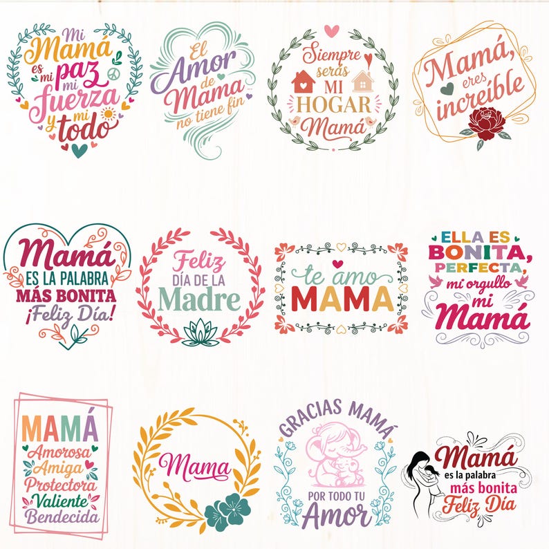 Op de afbeelding: Een verzameling van twaalf kleurrijke ontwerpen met het thema Moederdag. Elk ontwerp bevat tekst in verschillende lettertypen en stijlen, met bloemen- en hartaccenten. De zinnen omvatten "Mama", "Liefde" en "Fijne Moederdag".