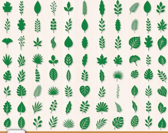 May include: A collection of 100 green leaf designs in various shapes and sizes, including maple, fern, and tropical leaves. The image includes the text "PAPER LEAF SVG BUNDLE" and file type information.