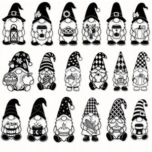 May include: A collection of eighteen black and white gnome illustrations featuring various autumn themes. Each gnome wears a patterned hat and holds seasonal items such as pumpkins, pies, lanterns, corn, apples, grapes, and mugs with text like Hot Cider.