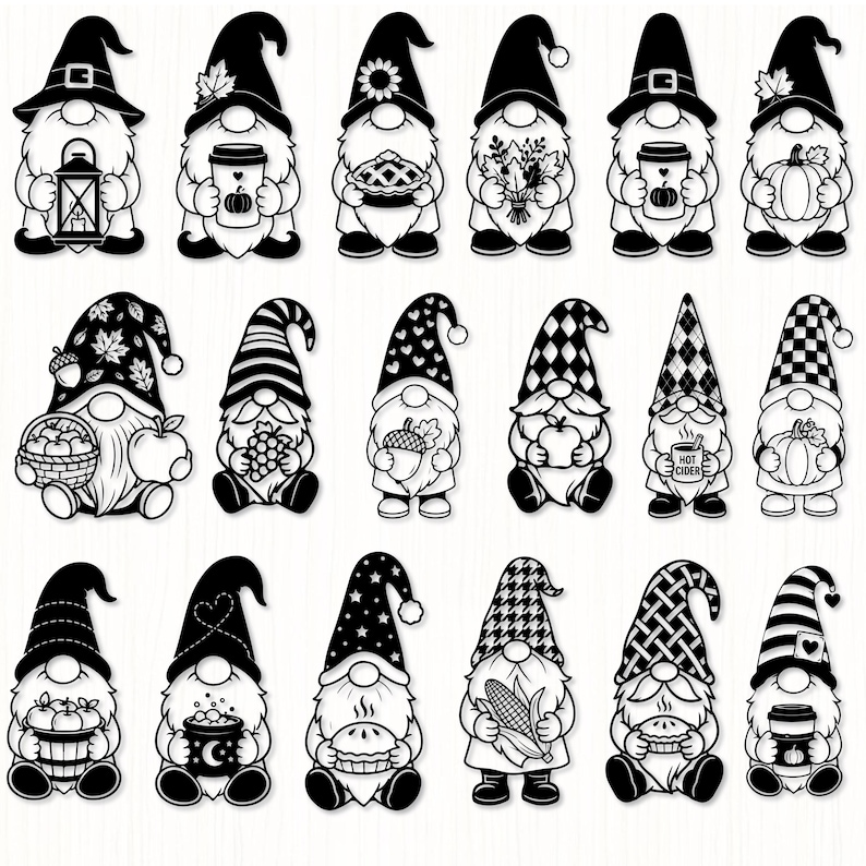 May include: A collection of eighteen black and white gnome illustrations featuring various autumn themes. Each gnome wears a patterned hat and holds seasonal items such as pumpkins, pies, lanterns, corn, apples, grapes, and mugs with text like Hot Cider.
