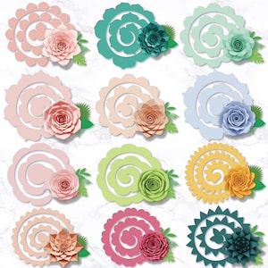May include: A collection of paper flower designs in various colors, including pink, teal, green, peach, and yellow. Each design features a spiral shape with a paper flower and green leaf accents. The flowers are arranged on a white marble background.