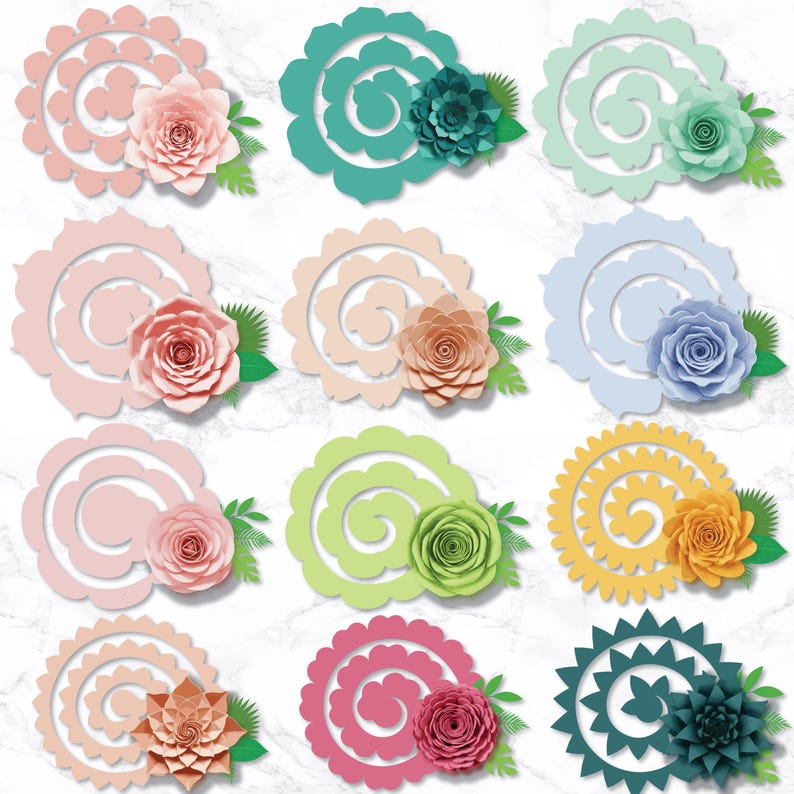 May include: A collection of paper flower designs in various colors, including pink, teal, green, peach, and yellow. Each design features a spiral shape with a paper flower and green leaf accents. The flowers are arranged on a white marble background.