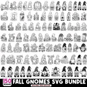 Puede incluir: Una colección de 150 ilustraciones de arte lineal en blanco y negro que muestran gnomos con varios accesorios de temática otoñal como calabazas, hojas, girasoles y linternas. El texto en la parte inferior dice 150 FALL GNOMES SVG BUNDLE.