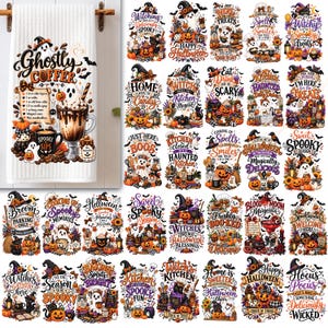 May include: A white waffle-textured kitchen towel featuring a colorful graphic of a coffee mug with whipped cream, a ghost, pumpkins, and the text Ghostly Coffee, surrounded by a grid of various Halloween-themed designs with ghosts and pumpkins.