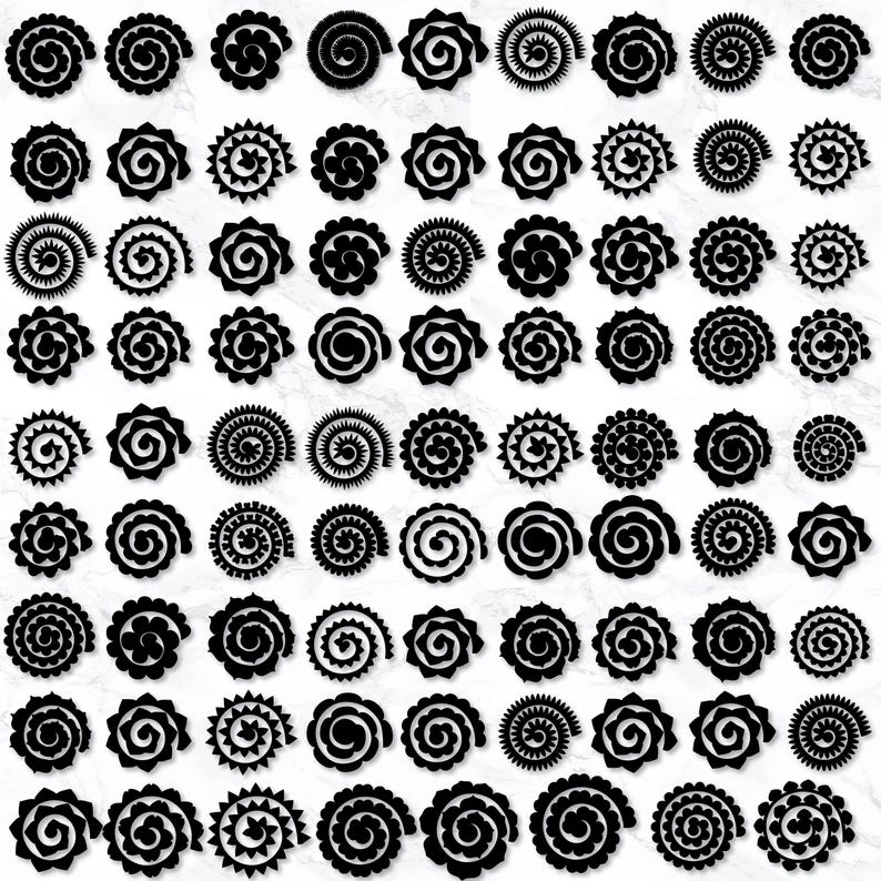 May include: A collection of black paper flower cutouts in various spiral and rosette designs. The cutouts have detailed edges and varying sizes, suitable for crafting and scrapbooking projects. The background is a light, textured surface.