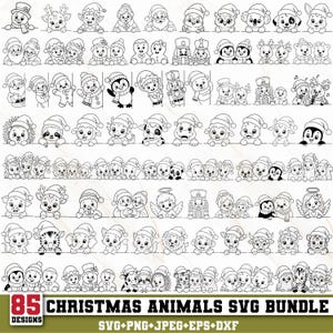 Può includere: Una collezione digitale di 85 illustrazioni al tratto in bianco e nero con vari animali e personaggi natalizi che indossano cappelli da Babbo Natale. La grafica include il testo 85 CHRISTMAS ANIMALS SVG BUNDLE SVG+PNG+JPEG+EPS+DXF in basso.