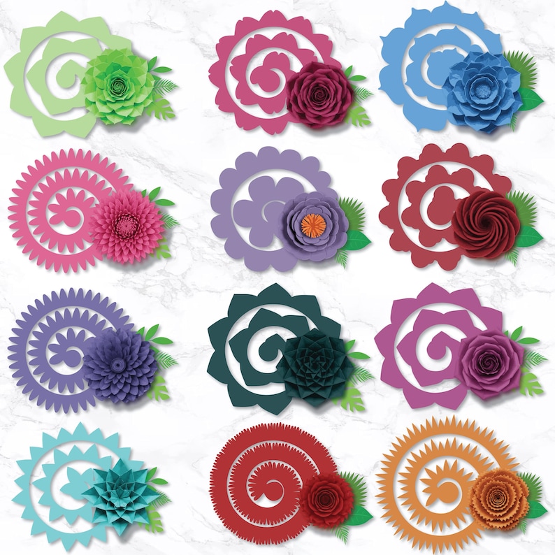 May include: A collection of colorful paper flowers in various designs. Each flower features a spiral or layered petal design, with accent flowers and green leaves. Colors include green, pink, blue, purple, red, and orange. The flowers are arranged on a white marble background.