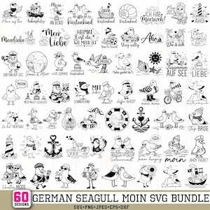 Peut inclure: Ensemble de 60 motifs SVG allemands sur le thème des mouettes, en noir et blanc. Les dessins incluent des mouettes avec des thèmes nautiques, des phrases comme "Moin", des ancres, des bateaux et du texte.