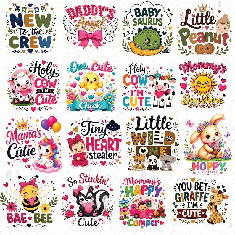 May include: A collection of sixteen colorful graphic designs for children's apparel featuring various cartoon animals including a cow, chick, unicorn, bunny, bee, skunk, and giraffe, alongside text phrases like New to the Crew, Daddy's Angel, and Baby Saurus.