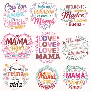 Op de afbeelding: Een verzameling van negen kleurrijke grafische ontwerpen met Spaanse tekst, die het moederschap vieren. De ontwerpen bevatten bloemen- en hartmotieven, met zinnen als "Mama Super" en "Love Mama."